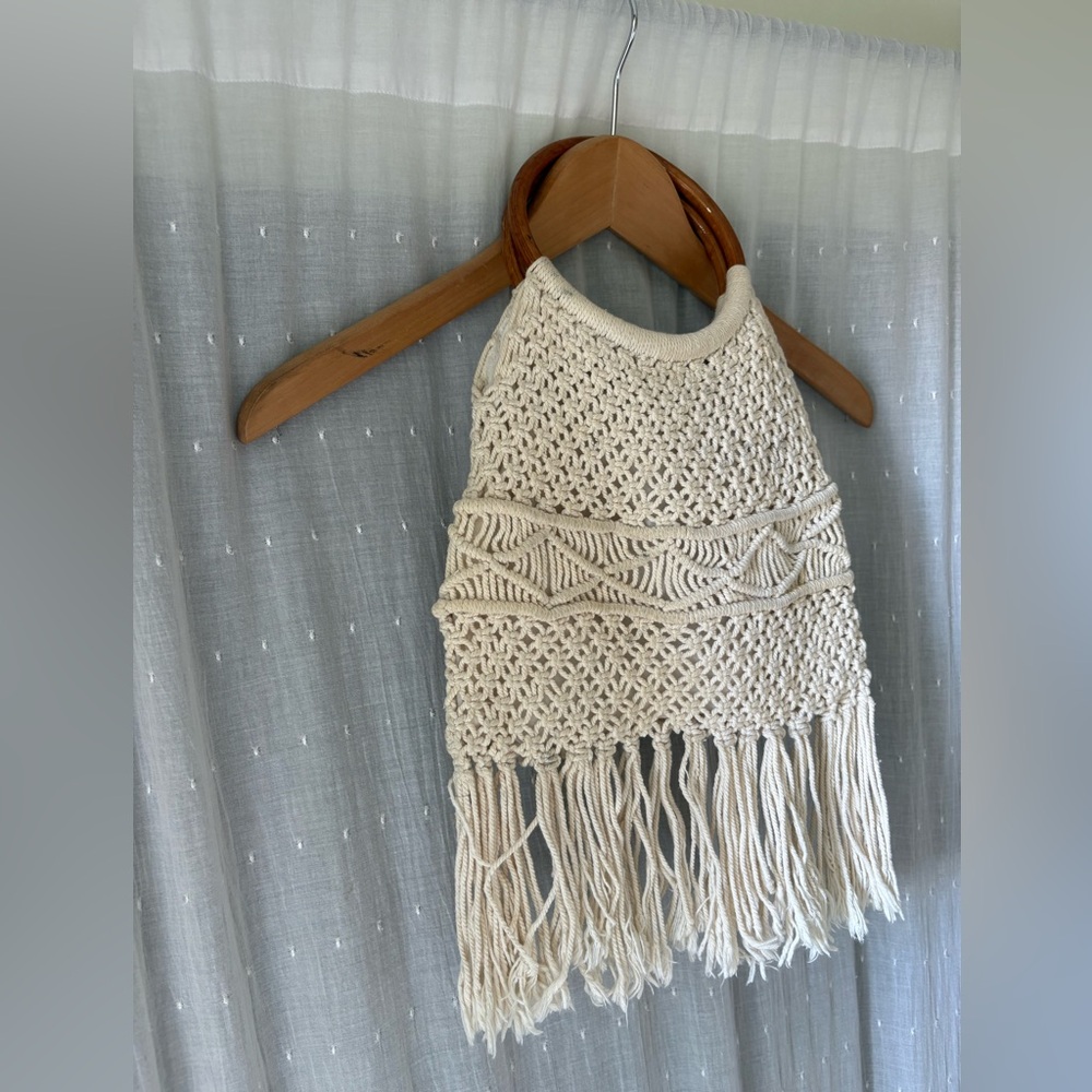 Cream Macrame Fringe Handbag with Wooden Round Handles - Picture 2 of 8